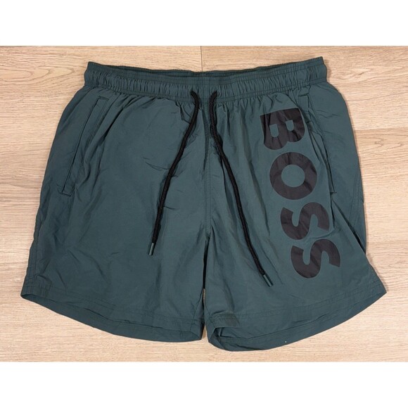 Hugo Boss Mens Dark Green Swim Shorts Size - Large Lightweight Spellout - Picture 1 of 6